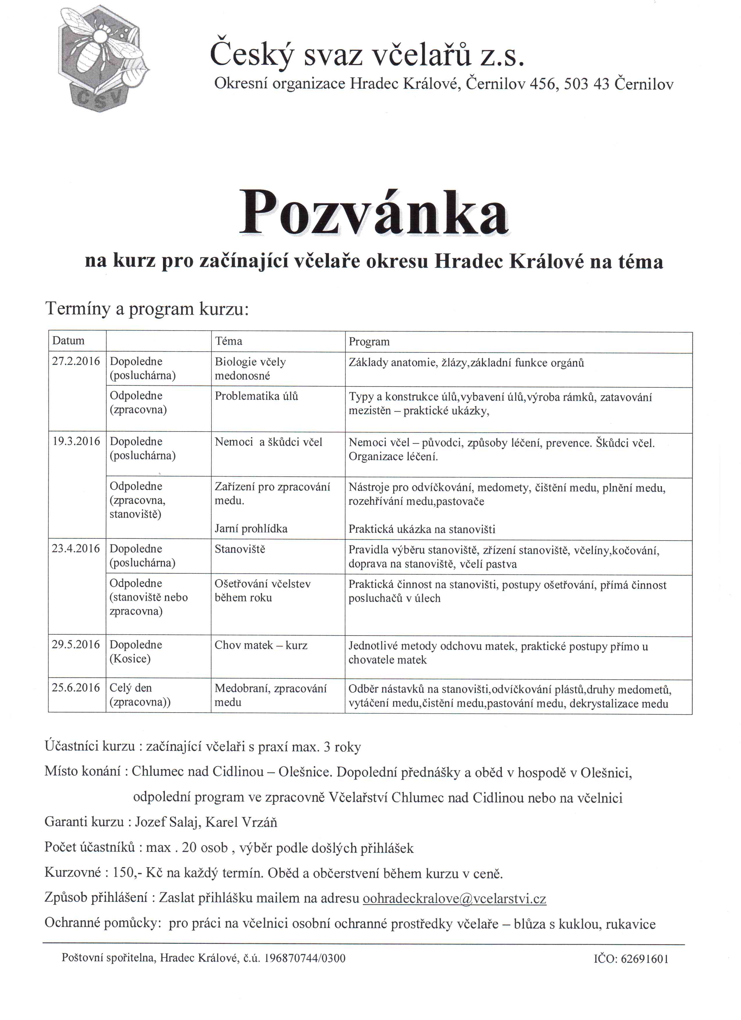 Pozvánka na kurzy pro začínající včelaře okresu Hradec Králové